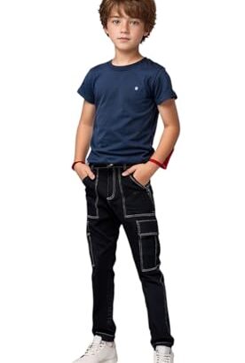Kids Boys Black Casual Cargo 6 Pockets Straight Jeans. (in, Age, 6 Years, 7 Years, Regular, Black) dress material - Bailly - Premium Dress Materials for Every Occasion