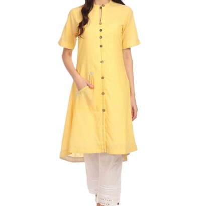 BIBA Women's Yellow A-Line Cotton Yarndyed Kurta dress material - Bailly - Premium Dress Materials for Every Occasion