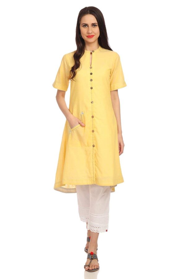 BIBA Women's Yellow A-Line Cotton Yarndyed Kurta dress material - Bailly - Premium Dress Materials for Every Occasion