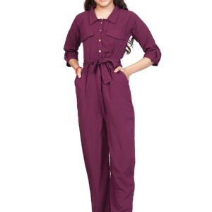 Jwalin Girls Front Button Flap Pocket Belted Jumpsuit (Wine_5-6 Years) dress material - Bailly - Premium Dress Materials for Every Occasion
