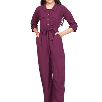 Jwalin Girls Front Button Flap Pocket Belted Jumpsuit (Wine_5-6 Years) dress material - Bailly - Premium Dress Materials for Every Occasion