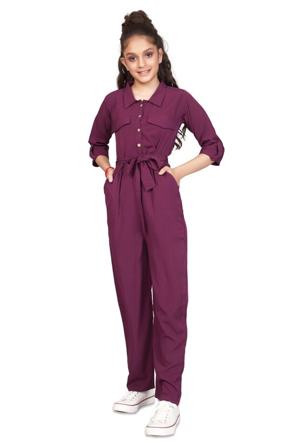Jwalin Girls Front Button Flap Pocket Belted Jumpsuit (Wine_5-6 Years) dress material - Bailly - Premium Dress Materials for Every Occasion