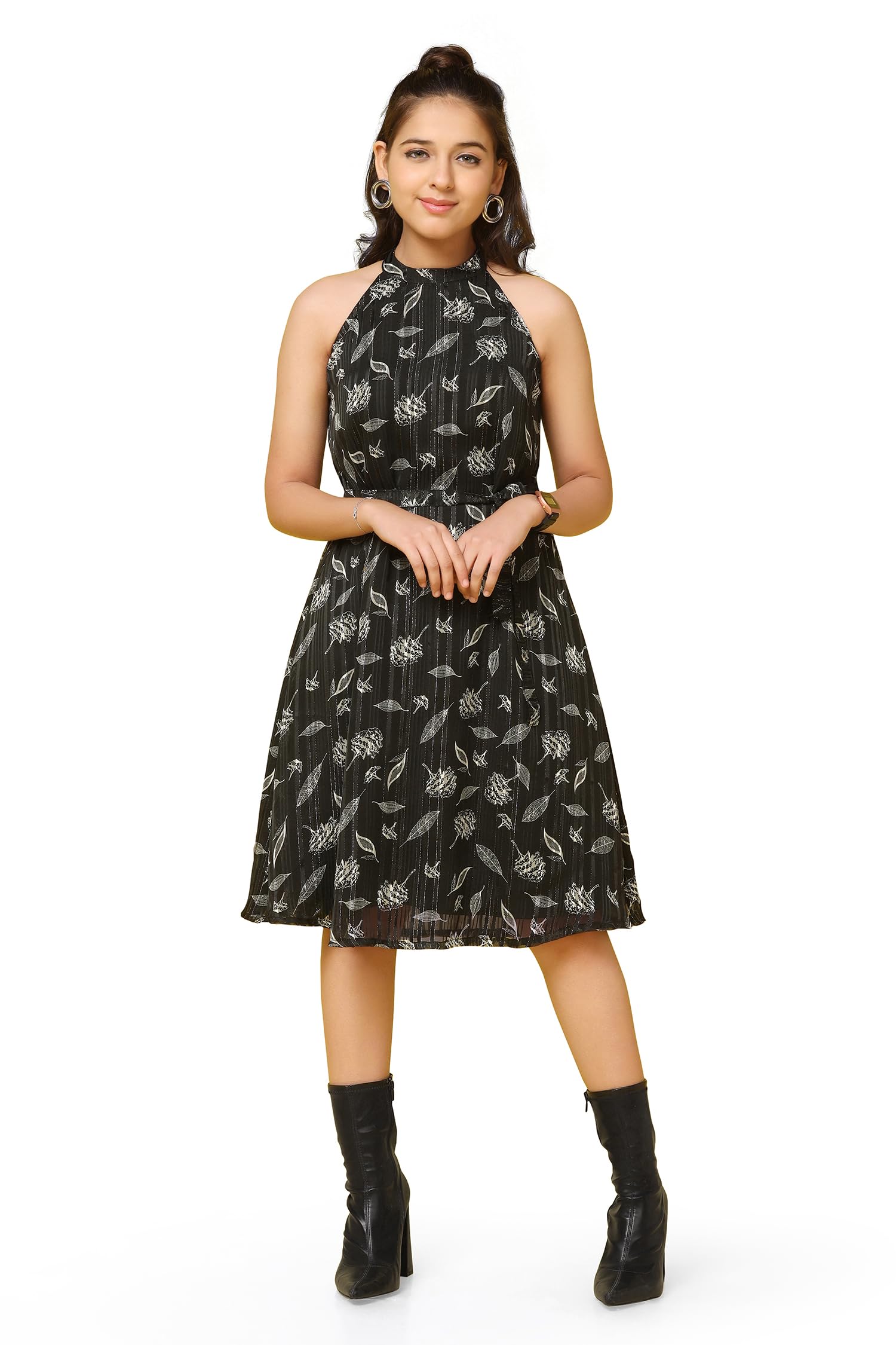 Fashion Dream Girl's Knee Length Halter Neck Dresses(FDGFRK00340 BLK 28_Black_7-8 Yrs) dress material - Bailly - Premium Dress Materials for Every Occasion