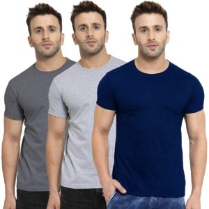 Scott International Men's Regular Fit T-Shirt - Cotton Blend, Half Sleeve, Round Neck, Stylish, Solid Plain T-Shirts for Men, Mens t Shirt - Pack of 3 (Navy Blue,Charcoal & Grey, XL) dress material - Bailly - Premium Dress Materials for Every Occasion