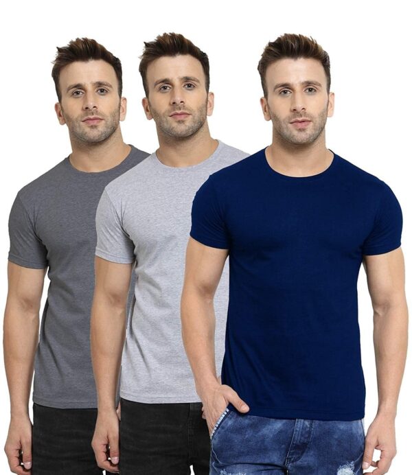 Scott International Men's Regular Fit T-Shirt - Cotton Blend, Half Sleeve, Round Neck, Stylish, Solid Plain T-Shirts for Men, Mens t Shirt - Pack of 3 (Navy Blue,Charcoal & Grey, XL) dress material - Bailly - Premium Dress Materials for Every Occasion