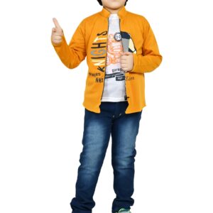 FIZA CREATION Boys Cotton Animated Football Print T-shirt, Jacket and Jeans Set in Yellow Color (5-6 YEARS) dress material - Bailly - Premium Dress Materials for Every Occasion