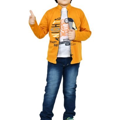 FIZA CREATION Boys Cotton Animated Football Print T-shirt, Jacket and Jeans Set in Yellow Color (5-6 YEARS) dress material - Bailly - Premium Dress Materials for Every Occasion