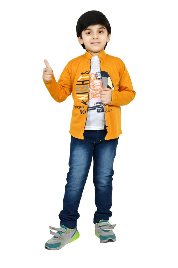FIZA CREATION Boys Cotton Animated Football Print T-shirt, Jacket and Jeans Set in Yellow Color (5-6 YEARS) dress material - Bailly - Premium Dress Materials for Every Occasion