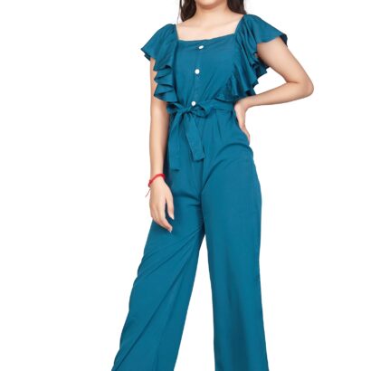 Fashion Dream Girls Front Button Flutter Sleeve Maxi Jumpsuit (Blue_9-10 Years) dress material - Bailly - Premium Dress Materials for Every Occasion