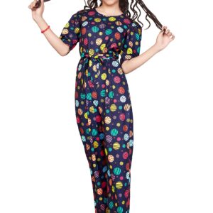 Jwalin Girls Colorful Polka Printed Long Jumpsuit (Navy Blue_9-10 Year) dress material - Bailly - Premium Dress Materials for Every Occasion