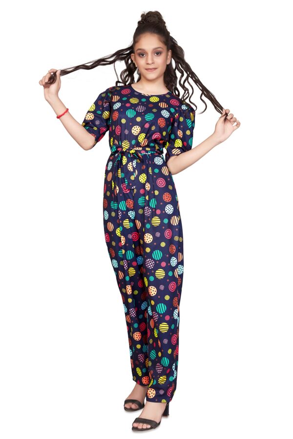 Jwalin Girls Colorful Polka Printed Long Jumpsuit (Navy Blue_9-10 Year) dress material - Bailly - Premium Dress Materials for Every Occasion