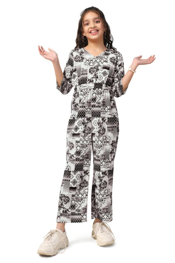 Fashion Dream Girl's Ankle Length All-Over Printed Jumpsuit|Jump Suit for Girls|Jumpsuits|Printed Jumpsuit|Jumpsuit(FDGJMP00113 BLK 28_Black_7-8Yrs) dress material - Bailly - Premium Dress Materials for Every Occasion