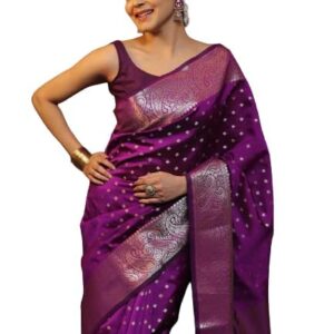 C J Enterprise Women's Banarasi Sarees Pure Kanjivaram Silk Saree Soft Design Wear Pattu Latest Party Cotton With Blouse Piece Kanchipuram for Wedding sadi new 2024 2025 (KeriButti-51) (Purple) dress material - Bailly - Premium Dress Materials for Every Occasion