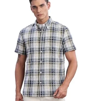 Tommy Hilfiger Mens Olive Tartan Checked Shirt dress material - Bailly - Premium Dress Materials for Every Occasion