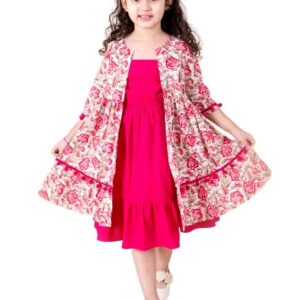 Pspeaches Girls Magenta White Floral A-Line Cotton Below The Knee Dress with Attached Shrug (Pink-10-12Y) dress material - Bailly - Premium Dress Materials for Every Occasion