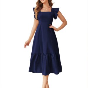 Shasmi Girl's & Women's Solid Navy Blue Color Square Neck, Ruffle-Trimmed Hem Sleeveless, Ruffle Armhole and Casual Dress with Cinched Waist Vacation Outfits Woman (Dress 162 N Blue-L) dress material - Bailly - Premium Dress Materials for Every Occasion