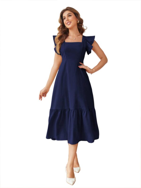 Shasmi Girl's & Women's Solid Navy Blue Color Square Neck, Ruffle-Trimmed Hem Sleeveless, Ruffle Armhole and Casual Dress with Cinched Waist Vacation Outfits Woman (Dress 162 N Blue-L) dress material - Bailly - Premium Dress Materials for Every Occasion