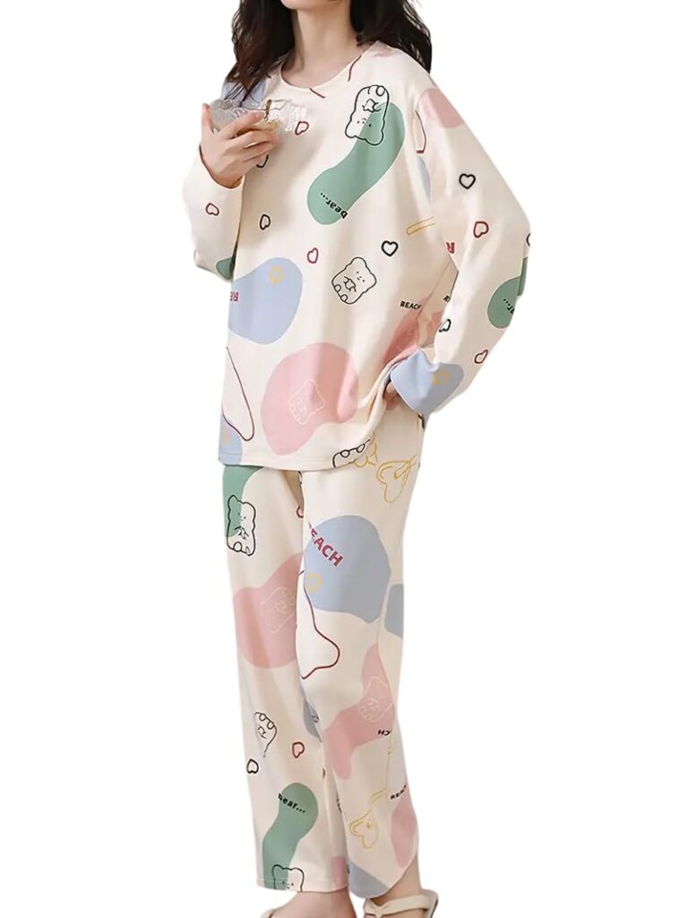 LOUIS LUXE Womens Cotton Blend Night Dress || Full Pyjama Set || Nightwear ||Round Neck Full Sleeve Nightsuit || Loungewear || Everyday Nightdress (ND-02-OFFWHITE-L) dress material - Bailly - Premium Dress Materials for Every Occasion