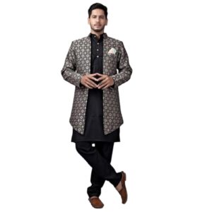 Amzira Men's Stylish Ethnic Wear Black Kurta Pajama Set with Long Jacket, dress material - Bailly - Premium Dress Materials for Every Occasion