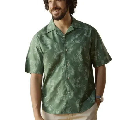 Andamen Mens Casual Cotton Blend Print Relaxed Fit Shirt Green dress material - Bailly - Premium Dress Materials for Every Occasion