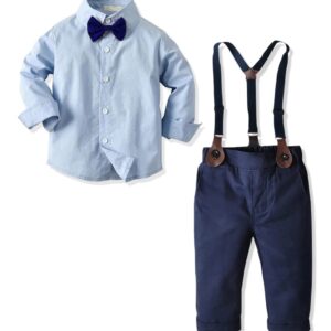 Baby Boys Dress Clothes, Toddlers Boys Long Sleeves Button Down Plaid Dress Shirt with Bowtie + Suspender Pants Set Wedding Outfit, 5# Light Blue, Tag 60 = 3-9 Months dress material - Bailly - Premium Dress Materials for Every Occasion