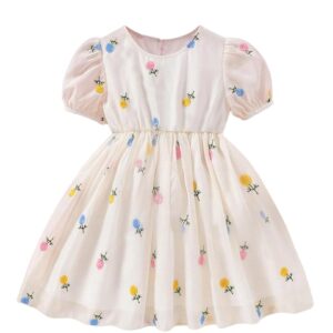 TAGAS Girls Swiss Dot Floral Print Dress Sleeve Less Round Neck Elastic Waist Dress for Girls(KD-399) (5-6 Years, of White) dress material - Bailly - Premium Dress Materials for Every Occasion