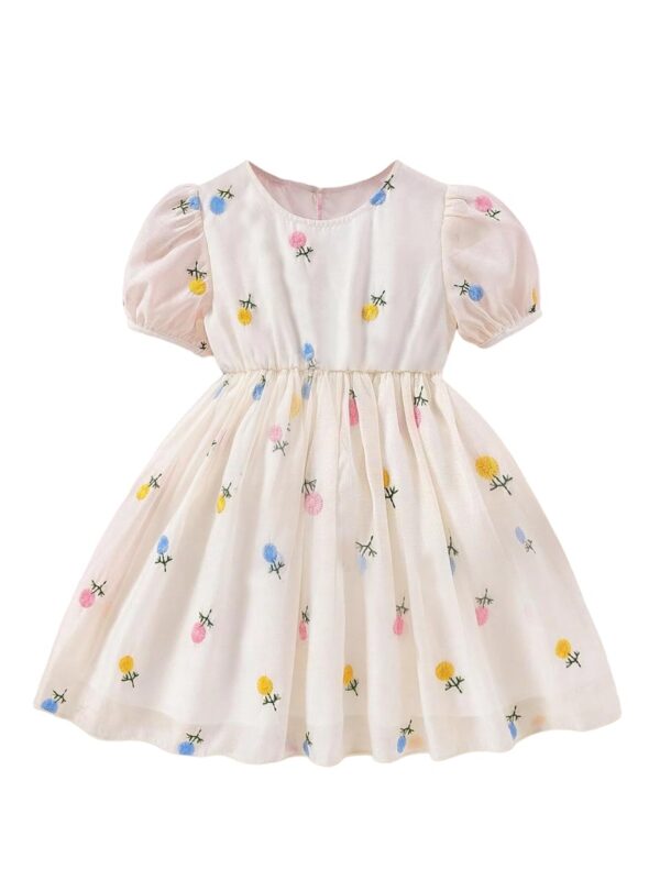 TAGAS Girls Swiss Dot Floral Print Dress Sleeve Less Round Neck Elastic Waist Dress for Girls(KD-399) (5-6 Years, of White) dress material - Bailly - Premium Dress Materials for Every Occasion