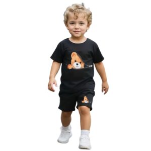 Fommy Adorable Teddy Bear Printed Cotton Half Sleeve T-Shirt & Shorts Set | Kids Clothes for Boys | Summer Dress for Baby Boy | Soft Cotton Toddler Outfit | Cute Baby Boy Clothing Set| Color-Black dress material - Bailly - Premium Dress Materials for Every Occasion
