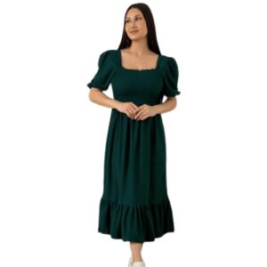 Sheetal Associates Women Casual Regular Sleeves Crepe Solid Fit and Flare Dress (Dark Green, 2XL) dress material - Bailly - Premium Dress Materials for Every Occasion