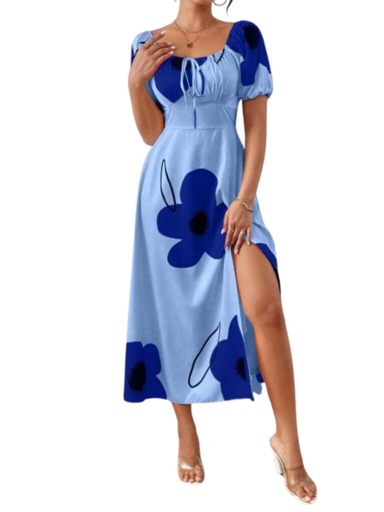 GRECIILOOKS Viscose Rayon Western Mid-Calf Length Women Party Dress (GL-WD1281_Blue dress material - Bailly - Premium Dress Materials for Every Occasion