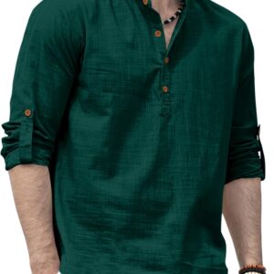 Zombom Men's Solid Cotton Blend Straight Kurta Shirt, Regular Fit Full Sleeve Short Kurta Shirt Green dress material - Bailly - Premium Dress Materials for Every Occasion