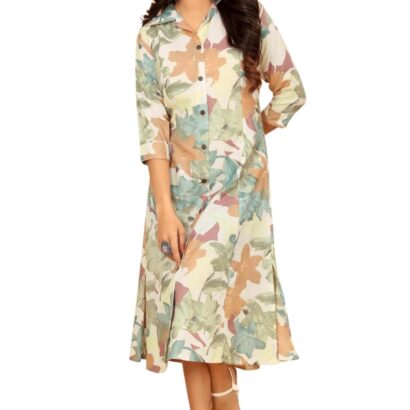 KESUDI A Line Dresses for Women Western Latest - Rayon Floral One Piece Dress for Women Long | Stylish Flared Shirt Roll Tab Sleeve | Knee Length Frock Midi Maxi Dress | Wear as Beach, Party & Summer dress material - Bailly - Premium Dress Materials for Every Occasion