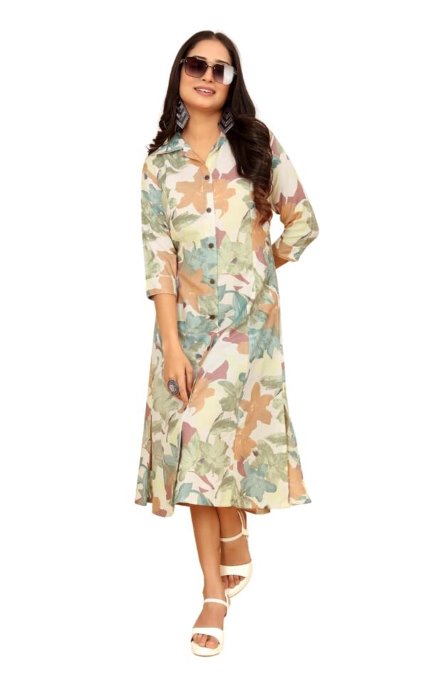 KESUDI A Line Dresses for Women Western Latest - Rayon Floral One Piece Dress for Women Long | Stylish Flared Shirt Roll Tab Sleeve | Knee Length Frock Midi Maxi Dress | Wear as Beach, Party & Summer dress material - Bailly - Premium Dress Materials for Every Occasion