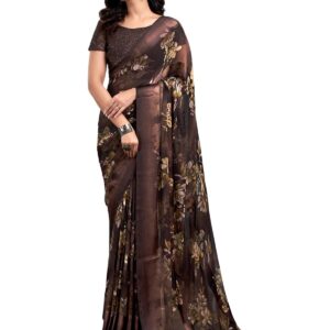 Satrani Women's Georgette Floral Printed Satin Stripe Saree with Unstitched Blouse Piece (3881S121N_Brown) dress material - Bailly - Premium Dress Materials for Every Occasion