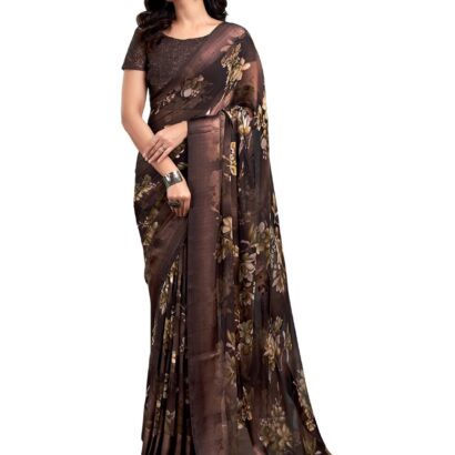 Satrani Women's Georgette Floral Printed Satin Stripe Saree with Unstitched Blouse Piece (3881S121N_Brown) dress material - Bailly - Premium Dress Materials for Every Occasion