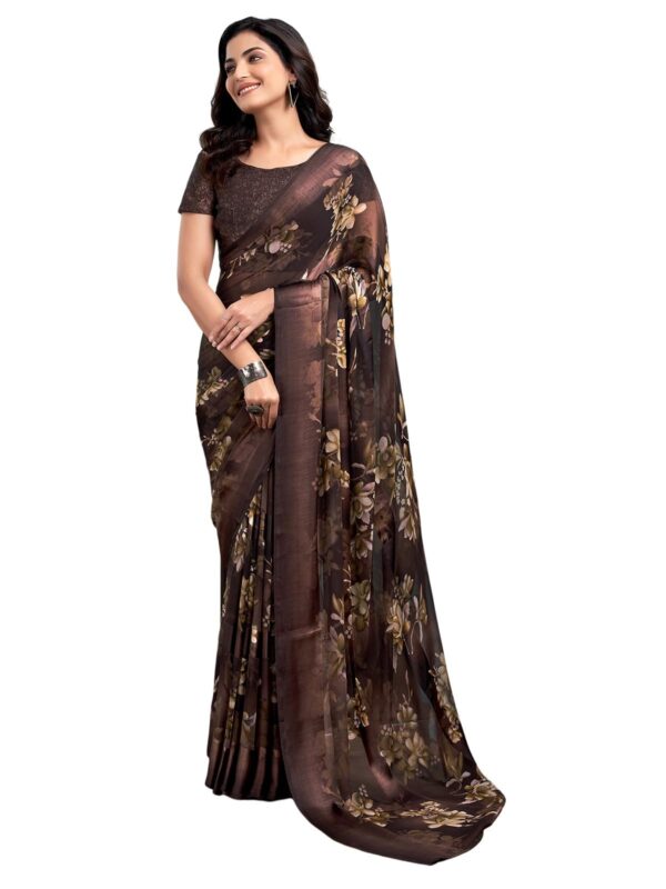 Satrani Women's Georgette Floral Printed Satin Stripe Saree with Unstitched Blouse Piece (3881S121N_Brown) dress material - Bailly - Premium Dress Materials for Every Occasion