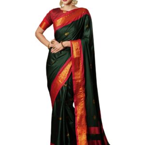 Satrani Women's Banarasi Jacquard Kanjivaram Silk Saree with Unstitched Blouse Piece (3743S107N_Dark Green & Red) dress material - Bailly - Premium Dress Materials for Every Occasion