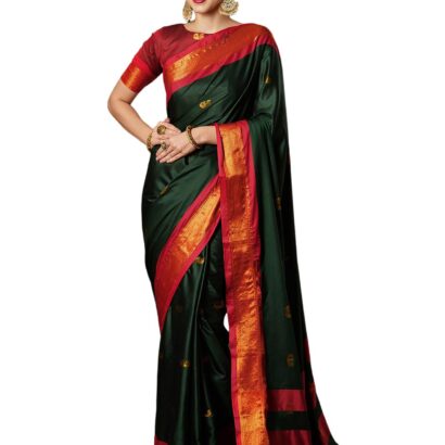 Satrani Women's Banarasi Jacquard Kanjivaram Silk Saree with Unstitched Blouse Piece (3743S107N_Dark Green & Red) dress material - Bailly - Premium Dress Materials for Every Occasion