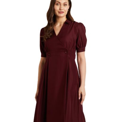 Symbol Premium Women's Polyester Fit and Flare Midi Dress (SBP-SS24-WDR-607_Wine_XL) dress material - Bailly - Premium Dress Materials for Every Occasion