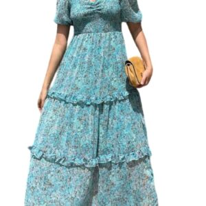 Sheetal Associates Women's Floral Puff Sleeve High Waist A Line Flowy Long Dress (Large, Light Blue) dress material - Bailly - Premium Dress Materials for Every Occasion