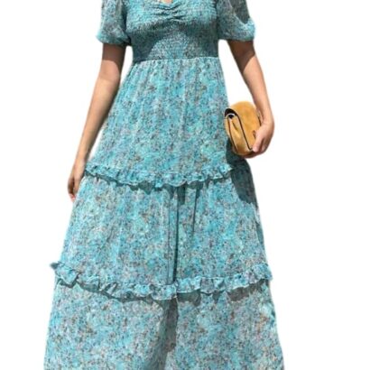 Sheetal Associates Women's Floral Puff Sleeve High Waist A Line Flowy Long Dress (Large, Light Blue) dress material - Bailly - Premium Dress Materials for Every Occasion