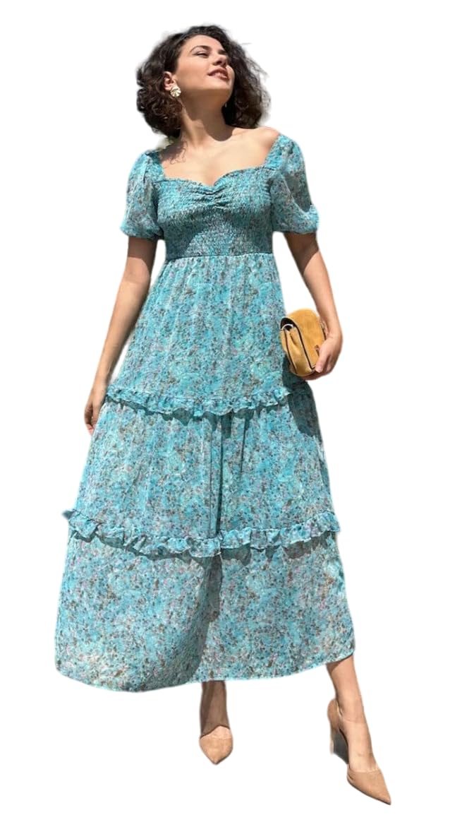 Light blue floral puff sleeve high waist maxi dress for women by Sheetal Associates