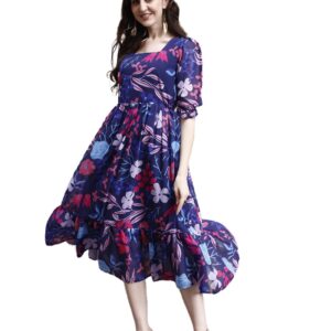 SMOWKLY Women's Georgette Floral Printed Indo-Western Ethnic Gown || Half Sleeve V Neck Fit & Flare Flared Hem Design || Casual Wear A-Line Maxi Dress 1323_BL_L Blue dress material - Bailly - Premium Dress Materials for Every Occasion