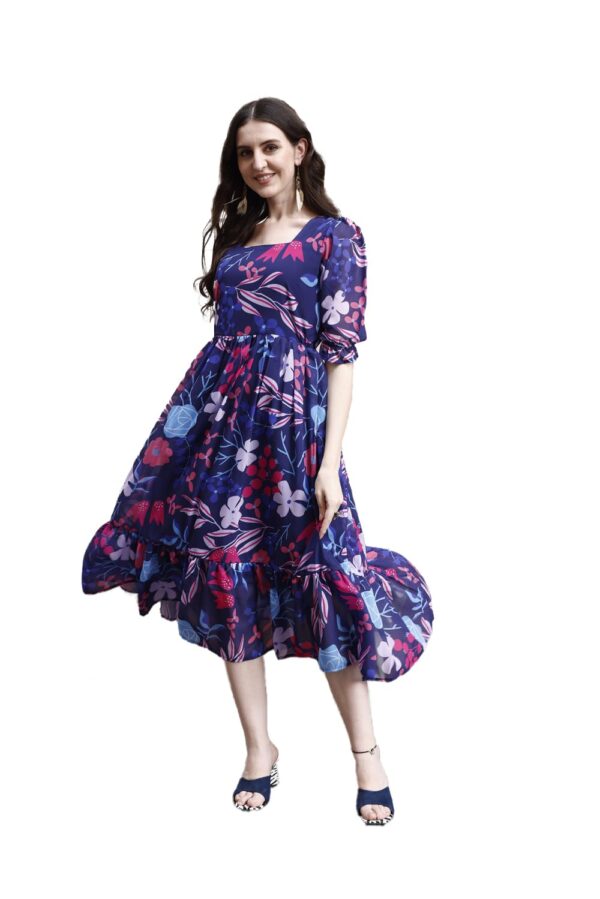 SMOWKLY Women's Georgette Floral Printed Indo-Western Ethnic Gown || Half Sleeve V Neck Fit & Flare Flared Hem Design || Casual Wear A-Line Maxi Dress 1323_BL_L Blue dress material - Bailly - Premium Dress Materials for Every Occasion