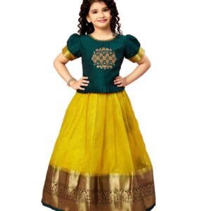White Button New latest Girl's Tissue checks readymade Lehenga choli for girls dress (7-8 Years, Green Yellow) dress material - Bailly - Premium Dress Materials for Every Occasion