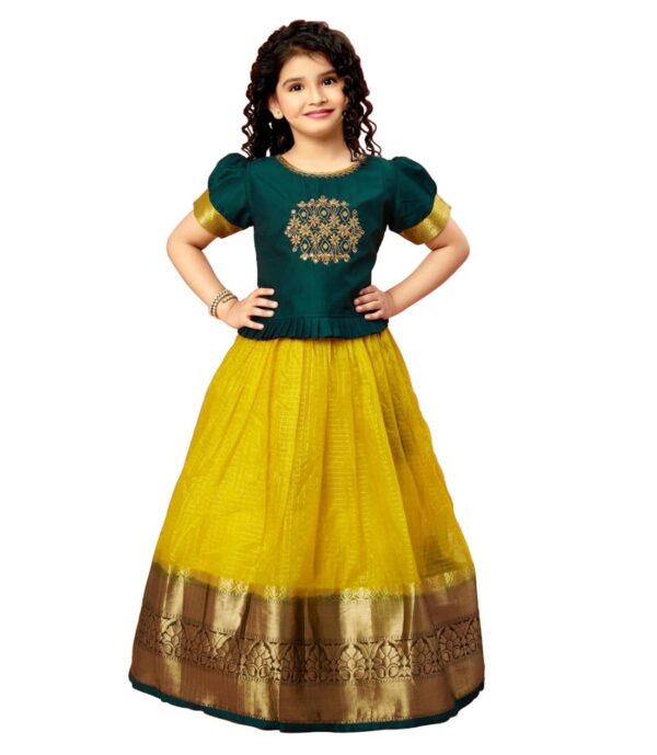 White Button New latest Girl's Tissue checks readymade Lehenga choli for girls dress (7-8 Years, Green Yellow) dress material - Bailly - Premium Dress Materials for Every Occasion