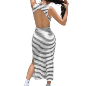 Aahwan White Solid Maxi Striped Backless Side Slit Dress Backless Bodycon Dress for Women's & Girl's(313-White-Medium) dress material - Bailly - Premium Dress Materials for Every Occasion