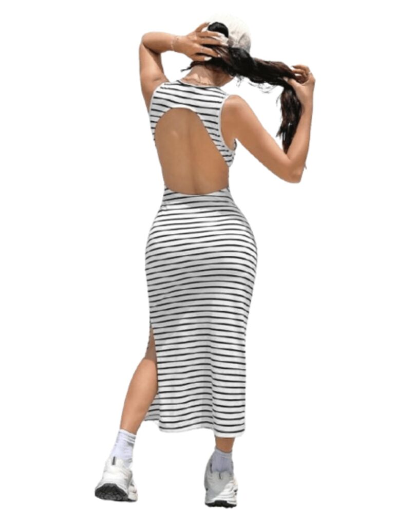 Aahwan White Solid Maxi Striped Backless Side Slit Dress Backless Bodycon Dress for Women's & Girl's(313-White-Medium) dress material - Bailly - Premium Dress Materials for Every Occasion