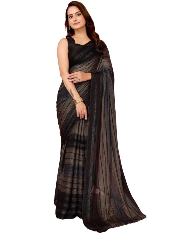 Pandadi Saree Women Elegant Moss Chiffon Ready-To-Wear Saree With Bangalori Satin Blouse, black dress material - Bailly - Premium Dress Materials for Every Occasion