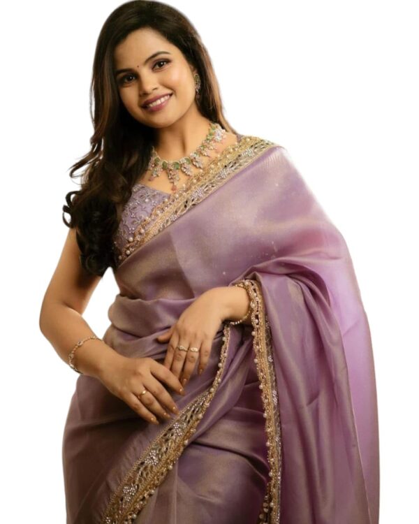 MUNIR Women's Silver Tissue Net Ethnic Saree With Unstiched Blouse Piece For Festival And Function.(Purple) dress material - Bailly - Premium Dress Materials for Every Occasion